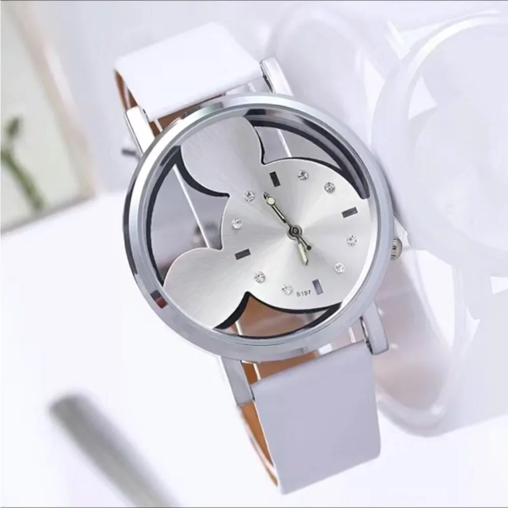 Minnie Mickey Mouse Watch Clear Analog Adjustable Buckle Band Silver White